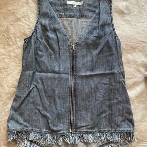 Trina Turk Denim V-Neck Fringe Vest or Top. Front zip XS